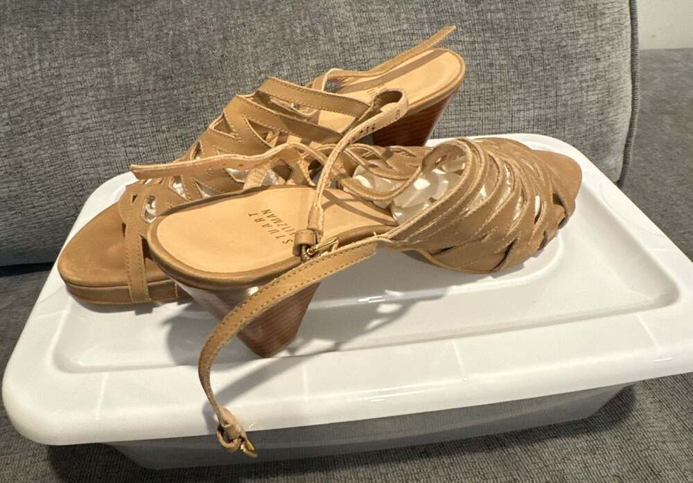 Stuart Weitzman Tan Leather Cutout Strappy Slingback Block Heel Sandals Size 8M